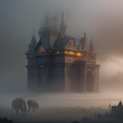 House in Fog Surrounded by Elephants: Detailed Matte Paintin...