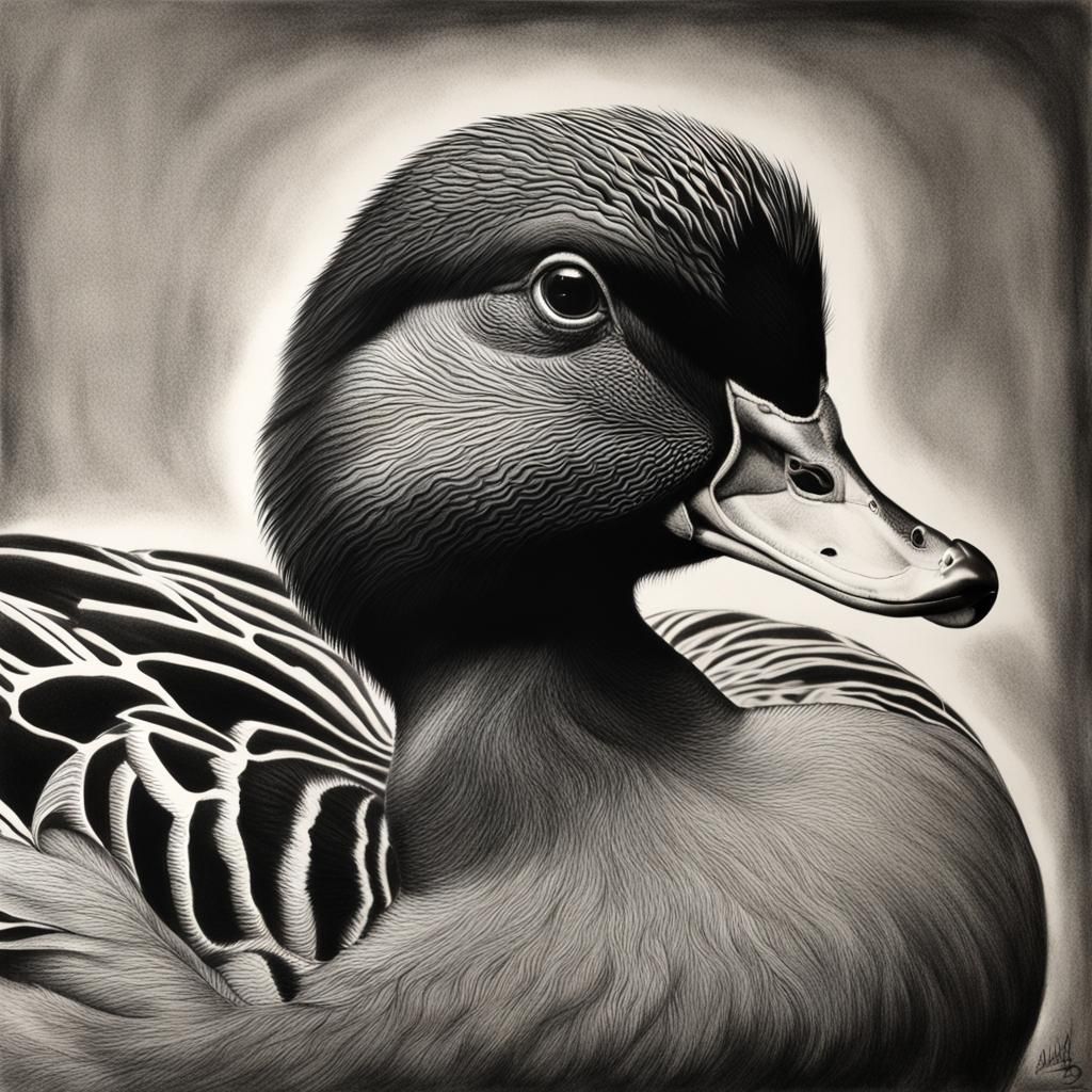 Hyperdetailed Charcoal Drawing of a Duck