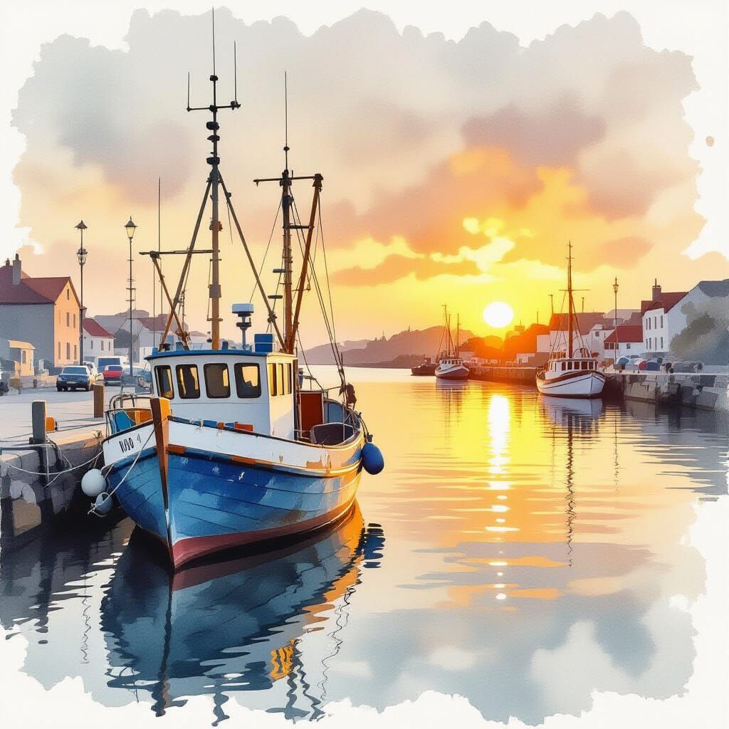 Rustic Fishing Boat in Retro Watercolor Style