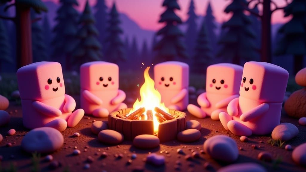 Animated Marshmallows Around Campfire in Candyland Style