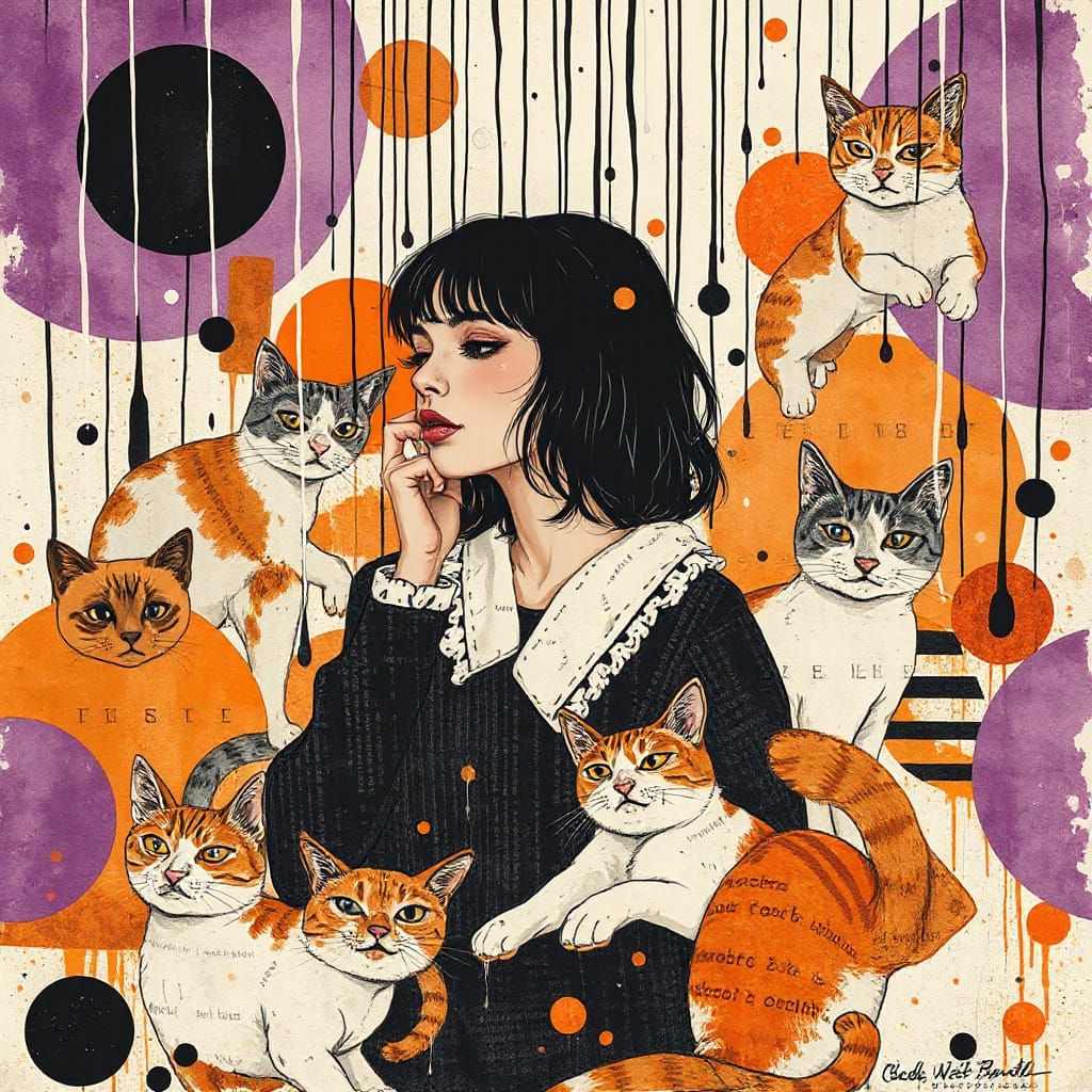 Surreal Woman with Cats in Grungy Watercolor Style