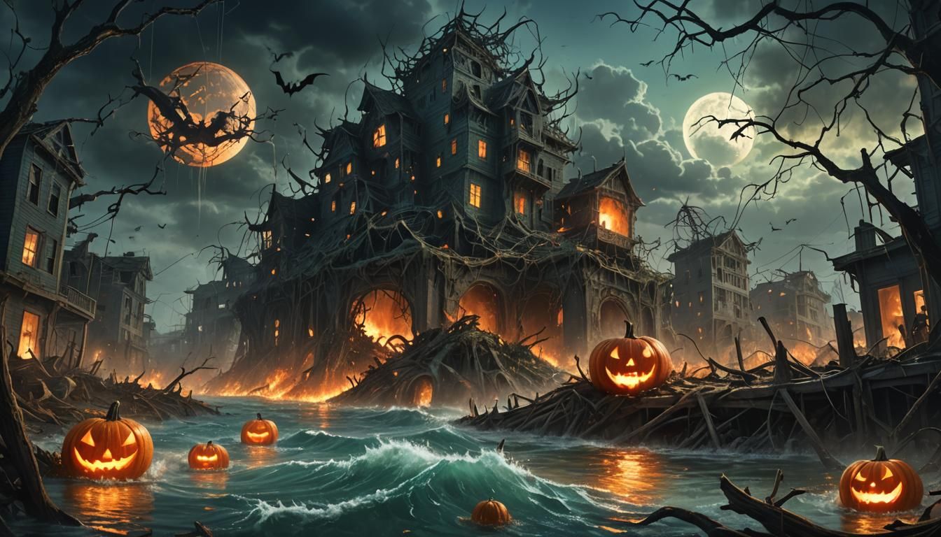 Ominous Dark Fantasy Landscape with Burning Structures