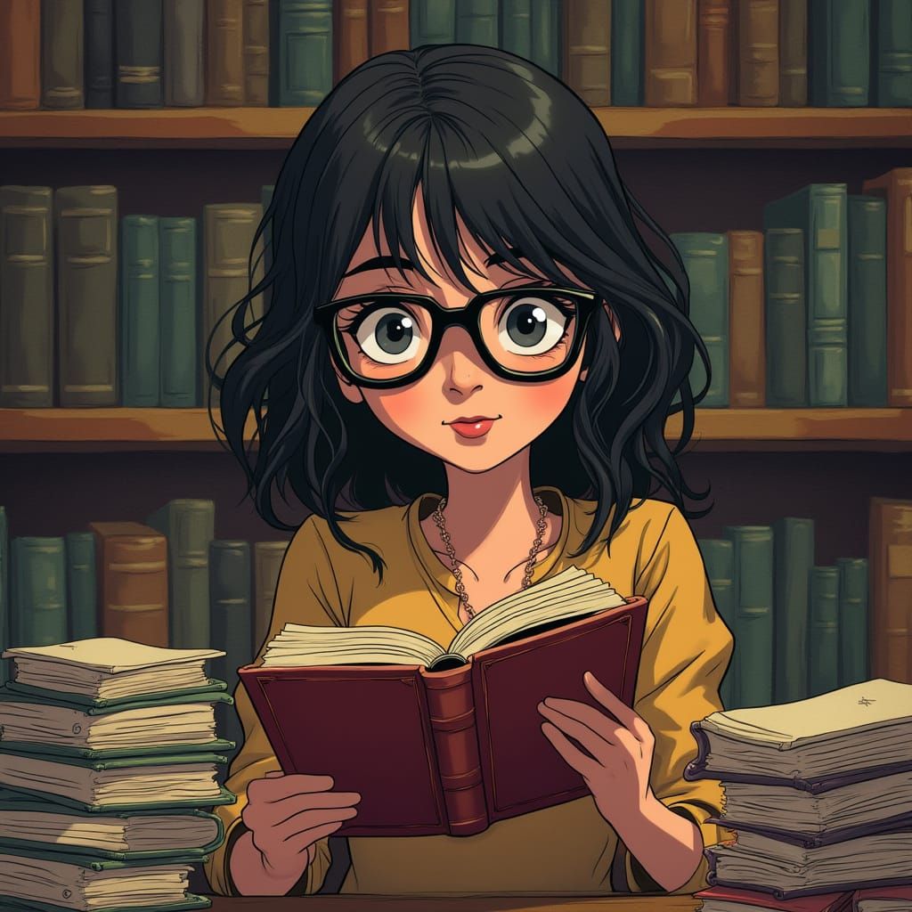 Nerdy Girl Reading in Library with Books, Comic Art Style