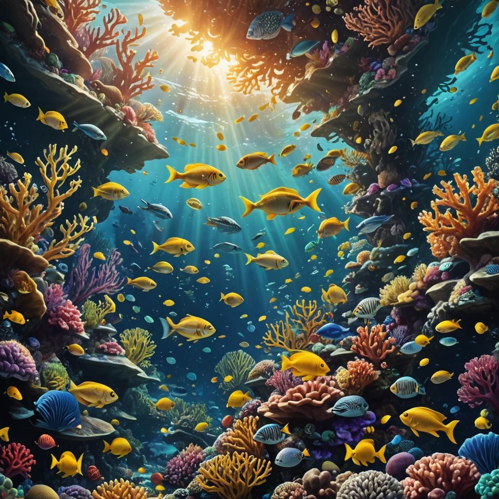 Vibrant Underwater Coral Reef with Iridescent Fish