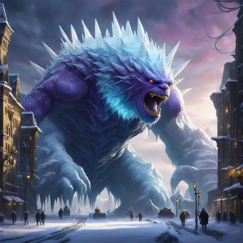 Giant Ice Monster Attacks City in Dark Fantasy Art