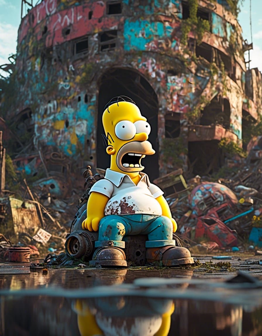 Homer Simpson Monument in Dystopian Future