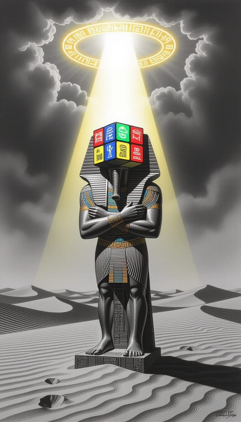 Pharaoh Statue with Rubik's Cube Head in Desert