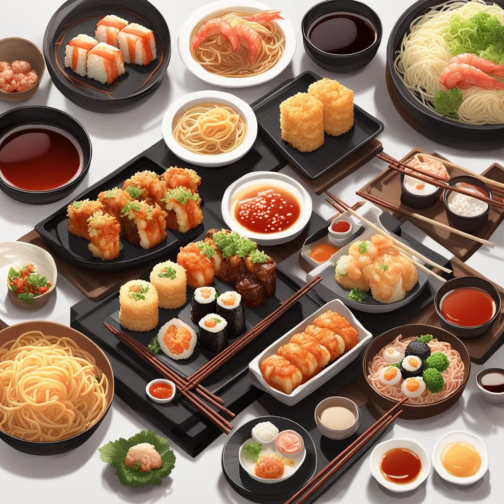 Japanese Food Collage in 3D Anime Style