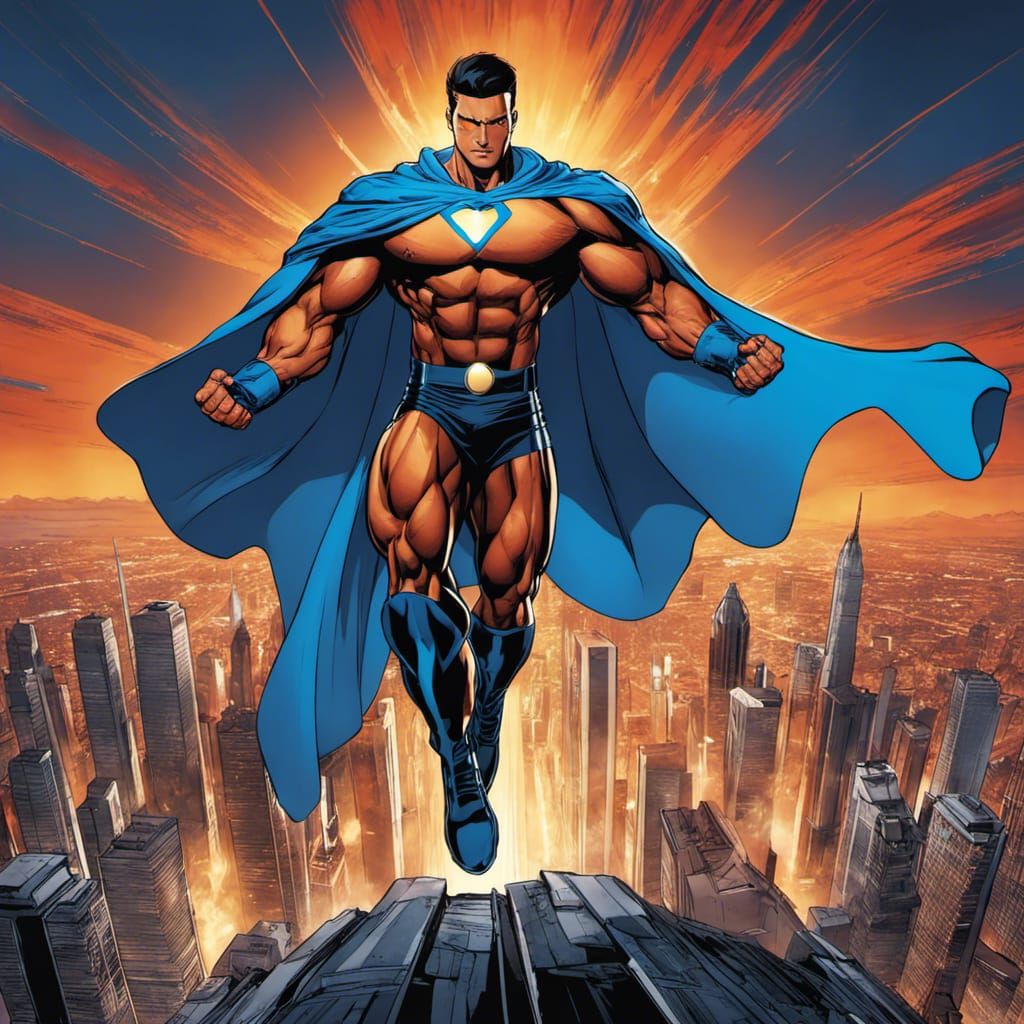 Heroic Figure Hovering Above City Skyline