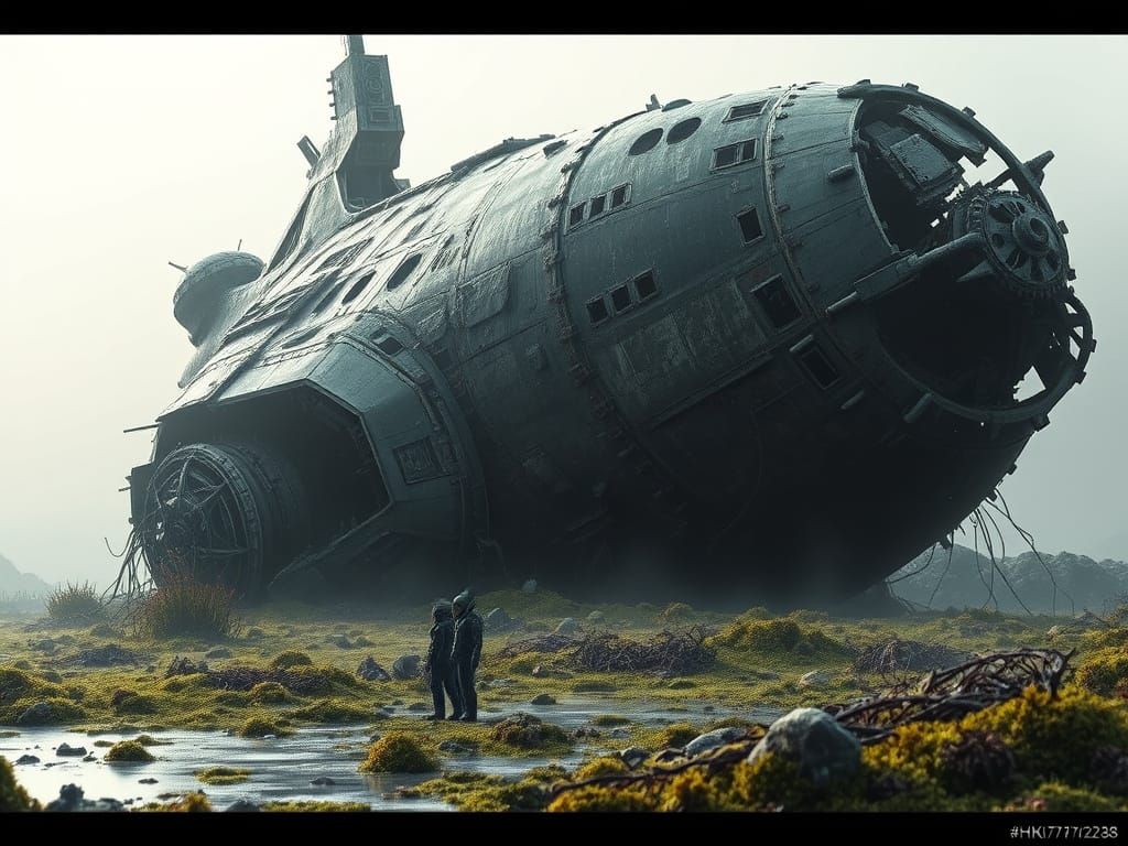 Ancient Spaceship Wreckage on Alien Planet in Cyberpunk Styl...