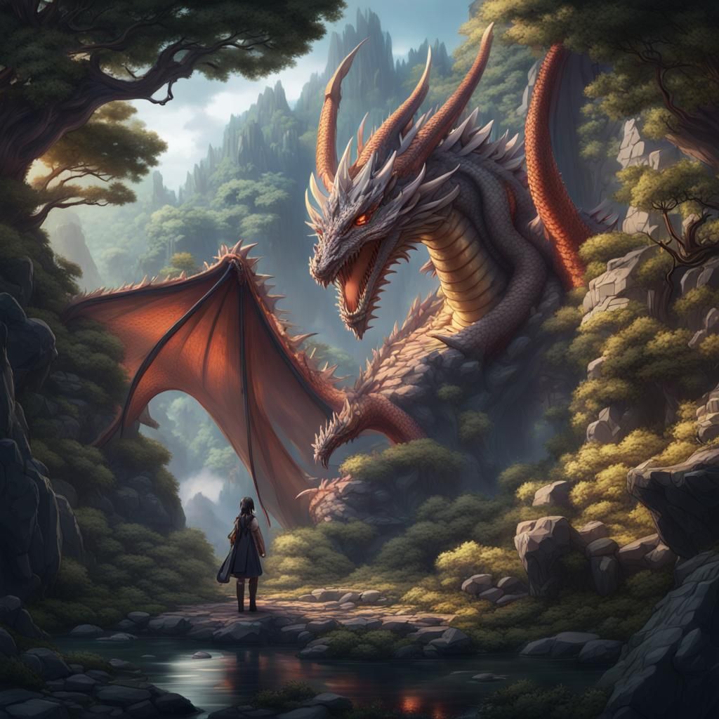 Anime Character Bonds with Dragon in Mountain Sanctuary