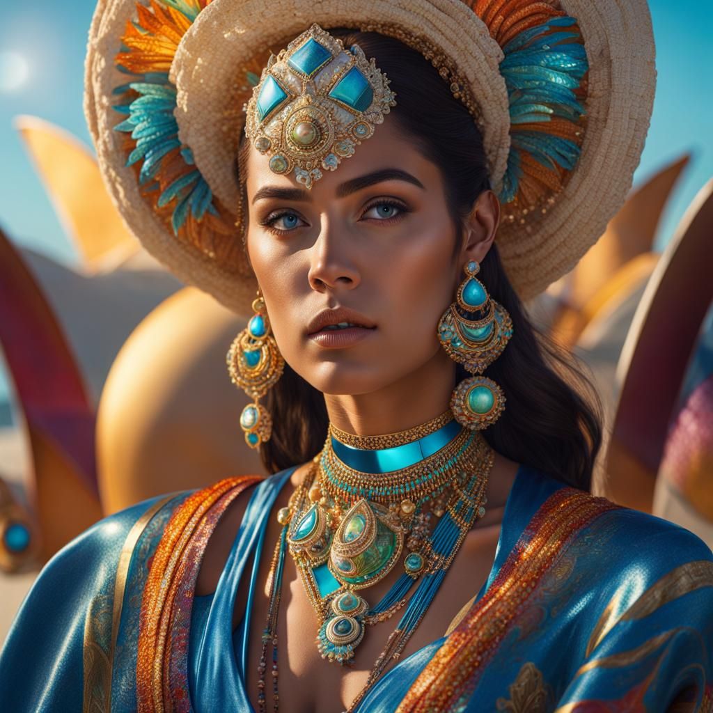 Hyperrealistic Woman on Desert Beach at Golden Hour