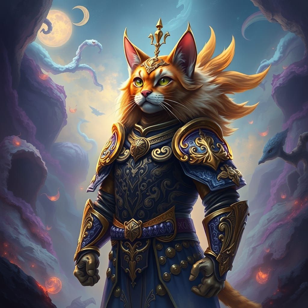 Armored Leonin Cat Soldier in Dreamlike Setting