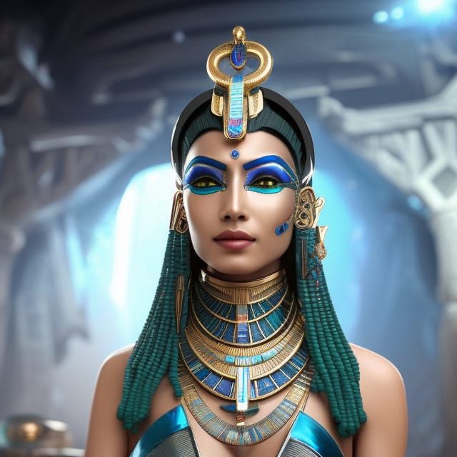Futuristic Egyptian Queen in Cyberpunk Temple