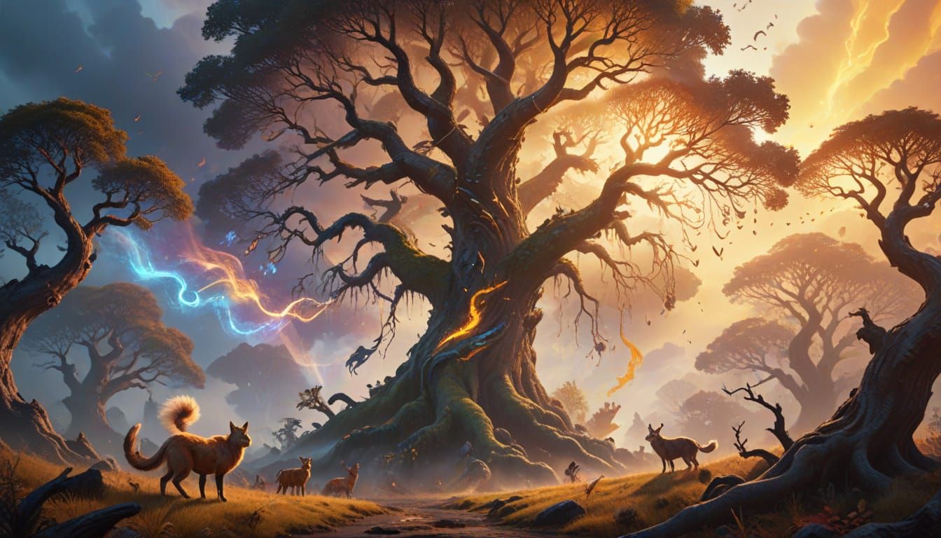 Fantasy Animals Flee Across the Land in Oil Painting