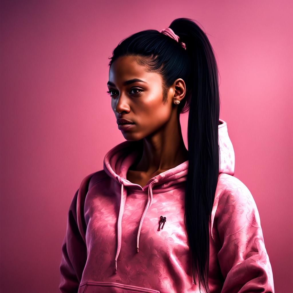Hyperrealistic Girl with Pink Hoodie and Ponytail