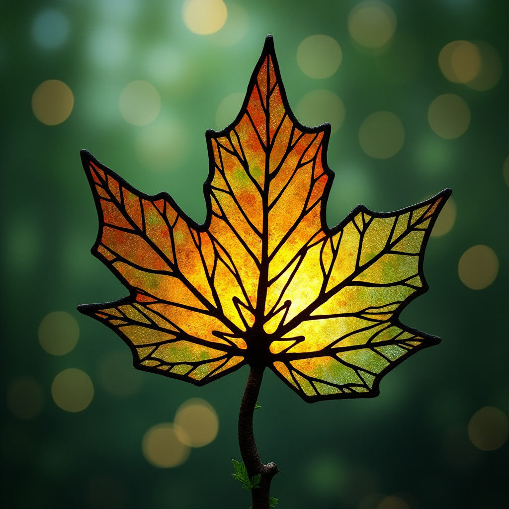 Stained Glass Maple Leaf with Illuminated Tree