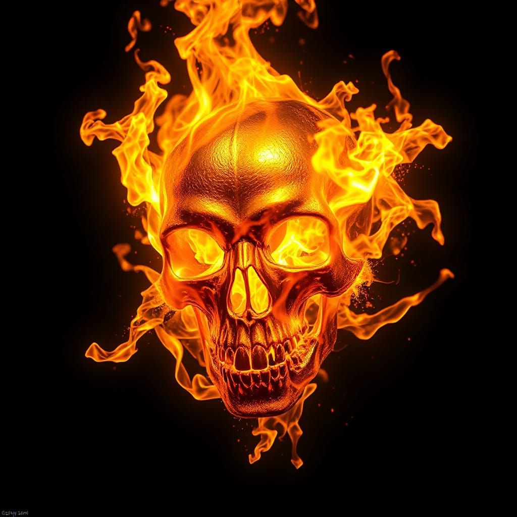 Flaming Gold Skull in Futuristic Industrial Style