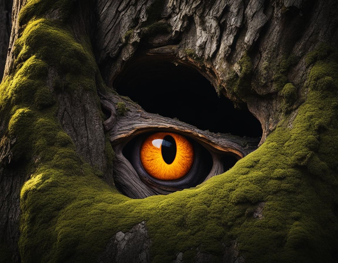 Glowing Eyes in a Dark Forest Tree