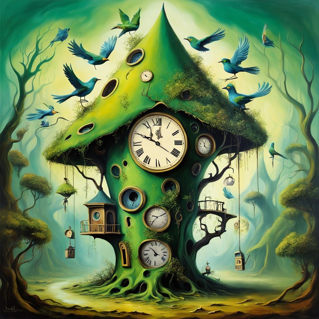 Surreal Birdhouse Clock in Pluvial Forest, Dali Style