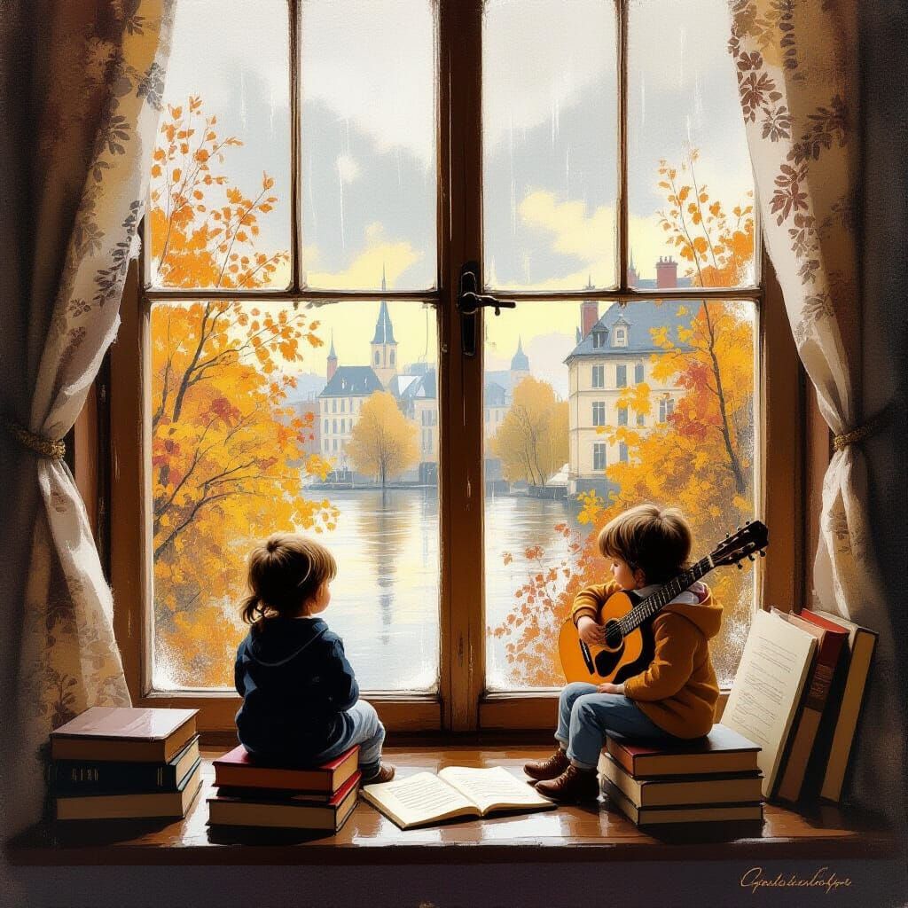 Rainy Autumn Window Scene with Kids Listening to Guitar