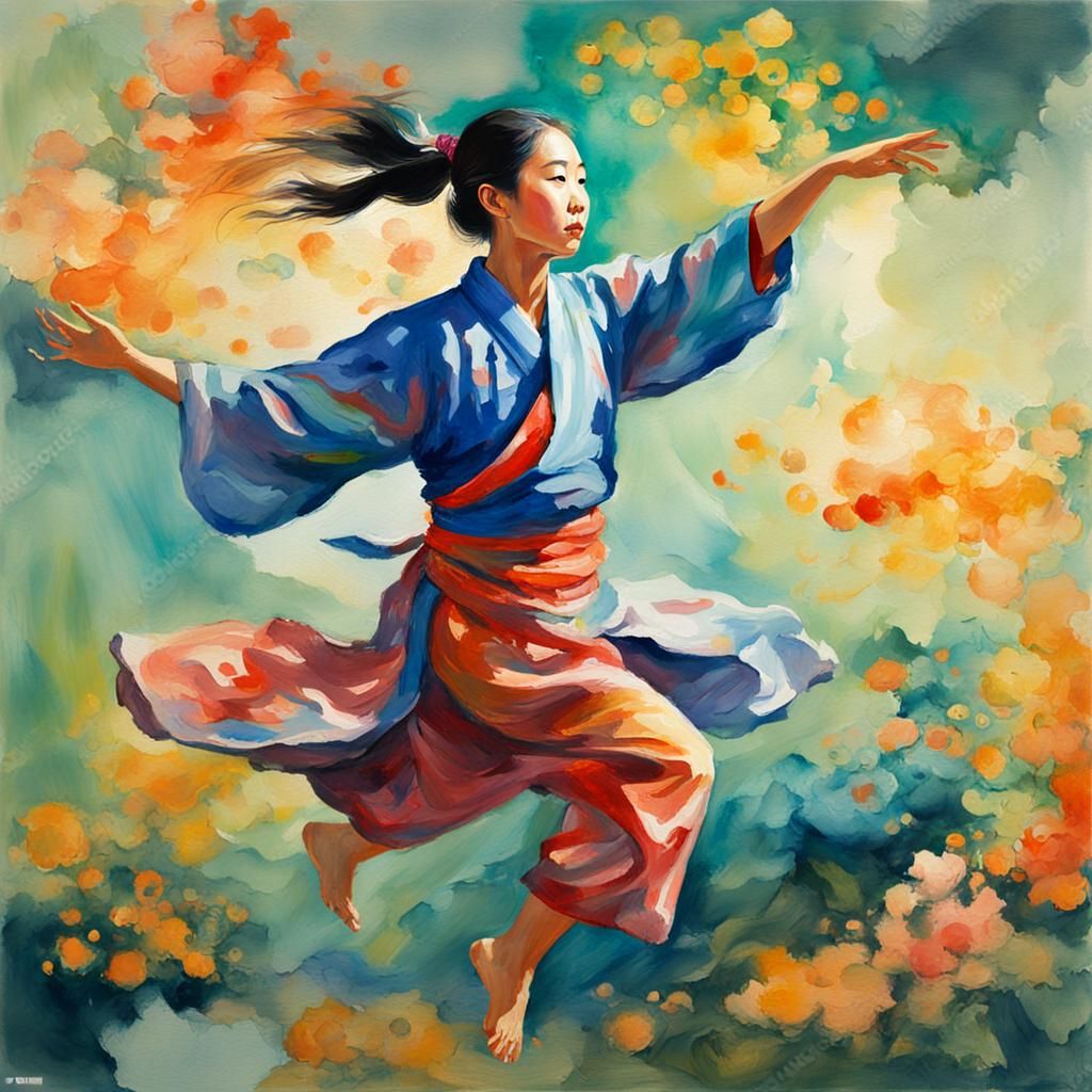 Levitating Asian Woman with Glow in Gouache Style