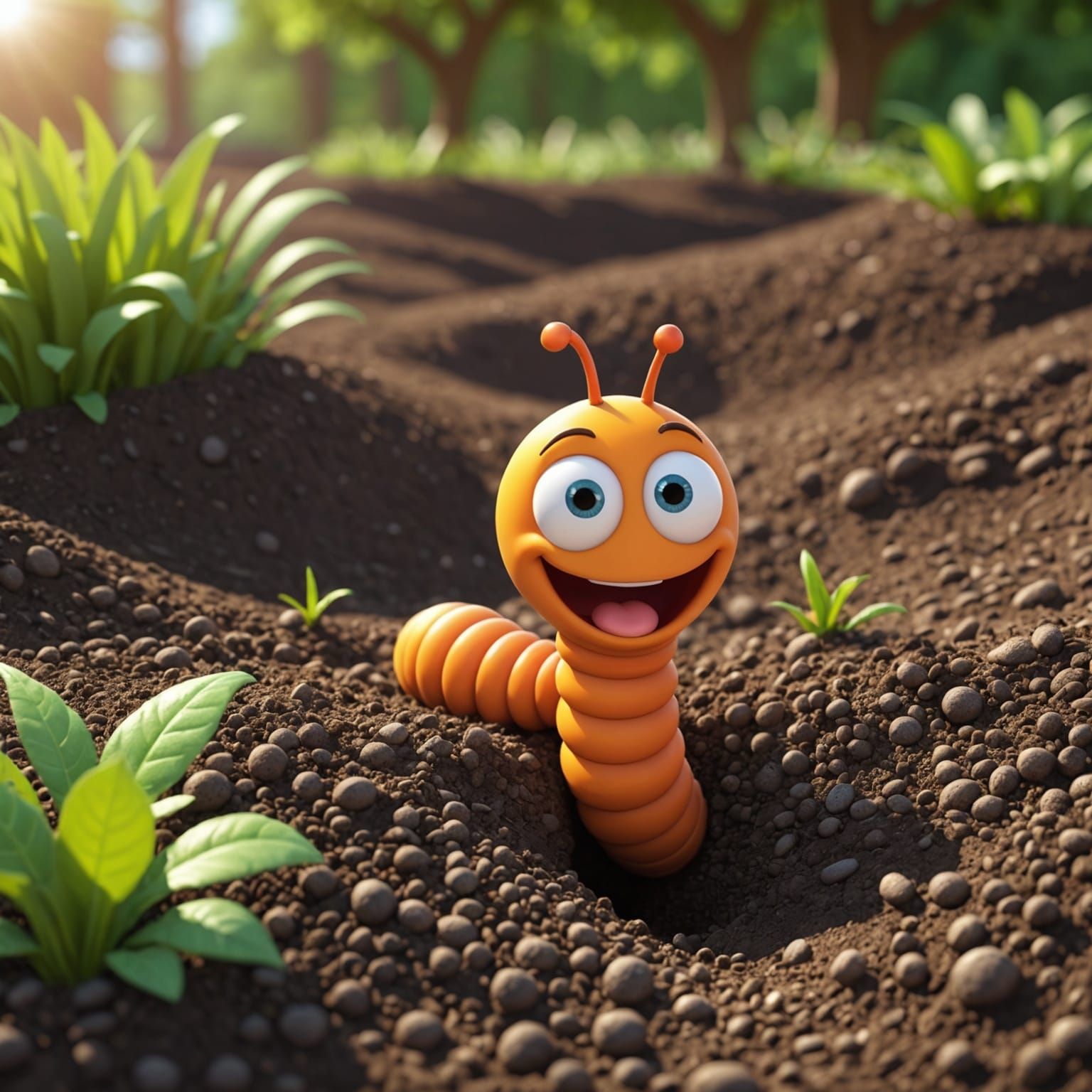 Cute 3D Cartoon Worm in Backyard