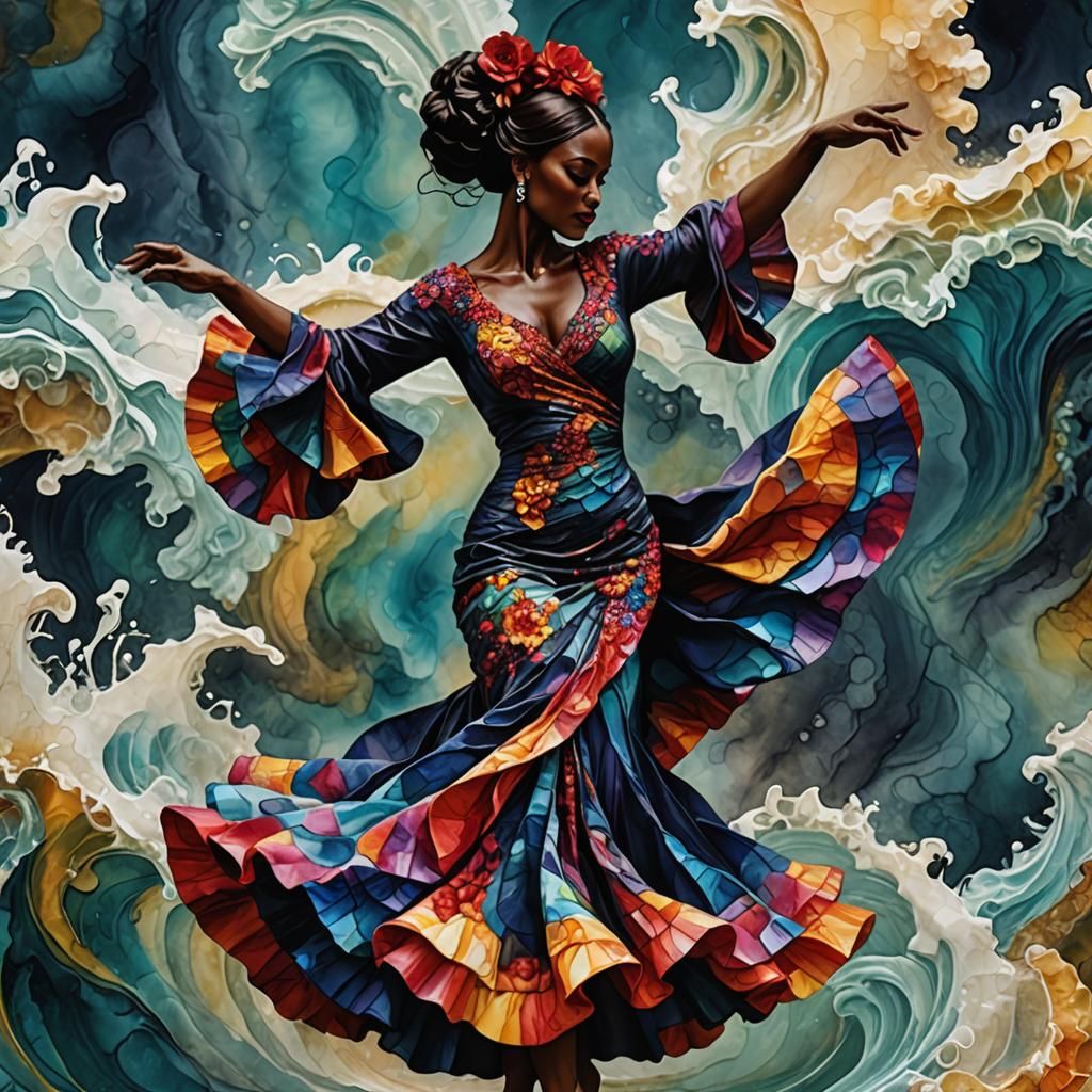 Flamenco Dancer Rides Tidal Wave in 3D Alcohol Ink
