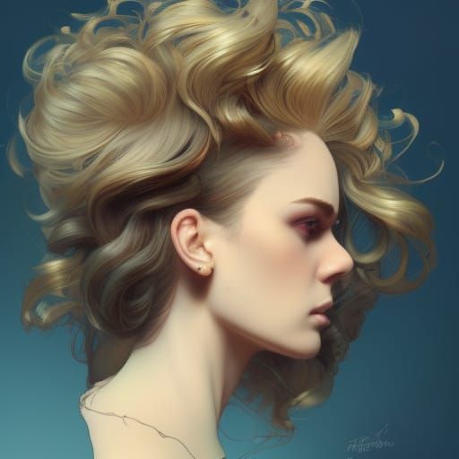 Voluminous 1980s Hairstyle Portrait in Art Nouveau Style