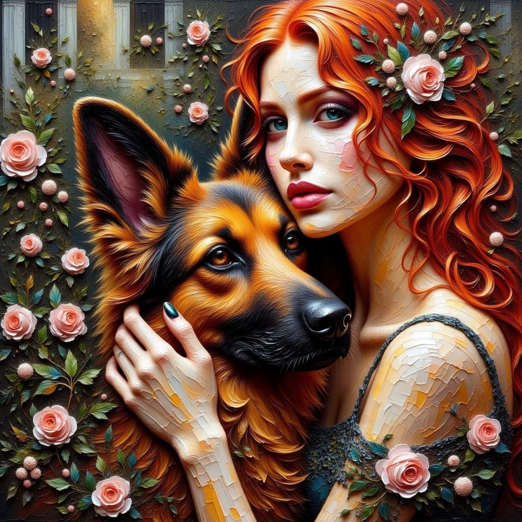 Art Deco Woman Embracing Her Dog in a Vibrant Courtyard