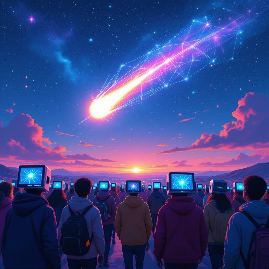 Crowd with Computer Heads Follows Glowing Comet