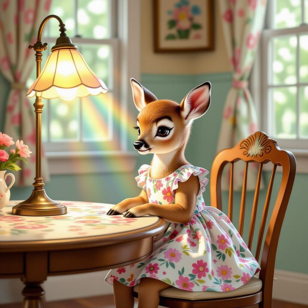 Baby Deer in Floral Dress with Rainbow Light