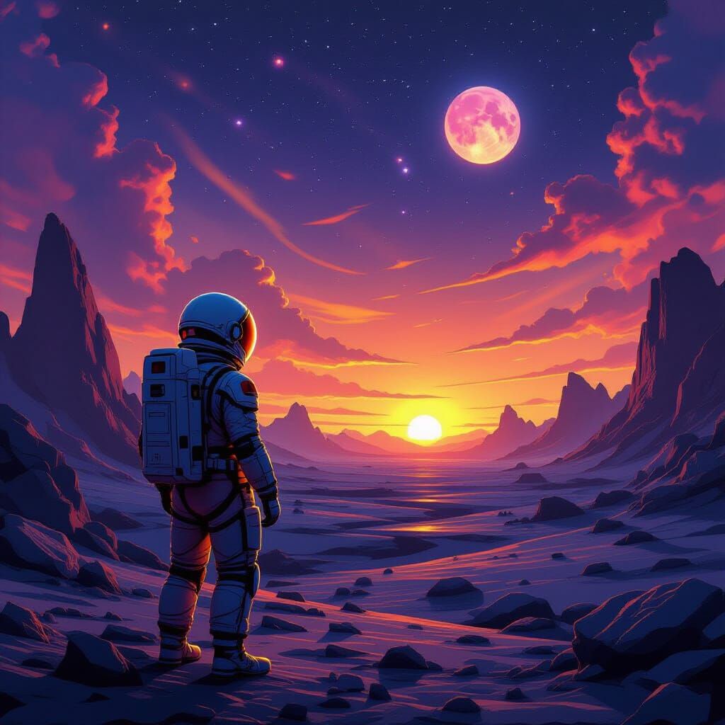 Astronaut Gazes at Binary Sunset on Alien Planet