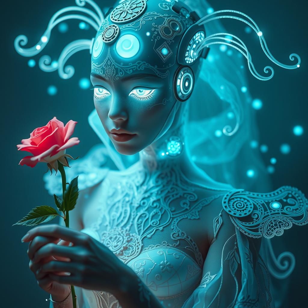Ethereal Cyber-Biological Figure with Rose, Lace Details