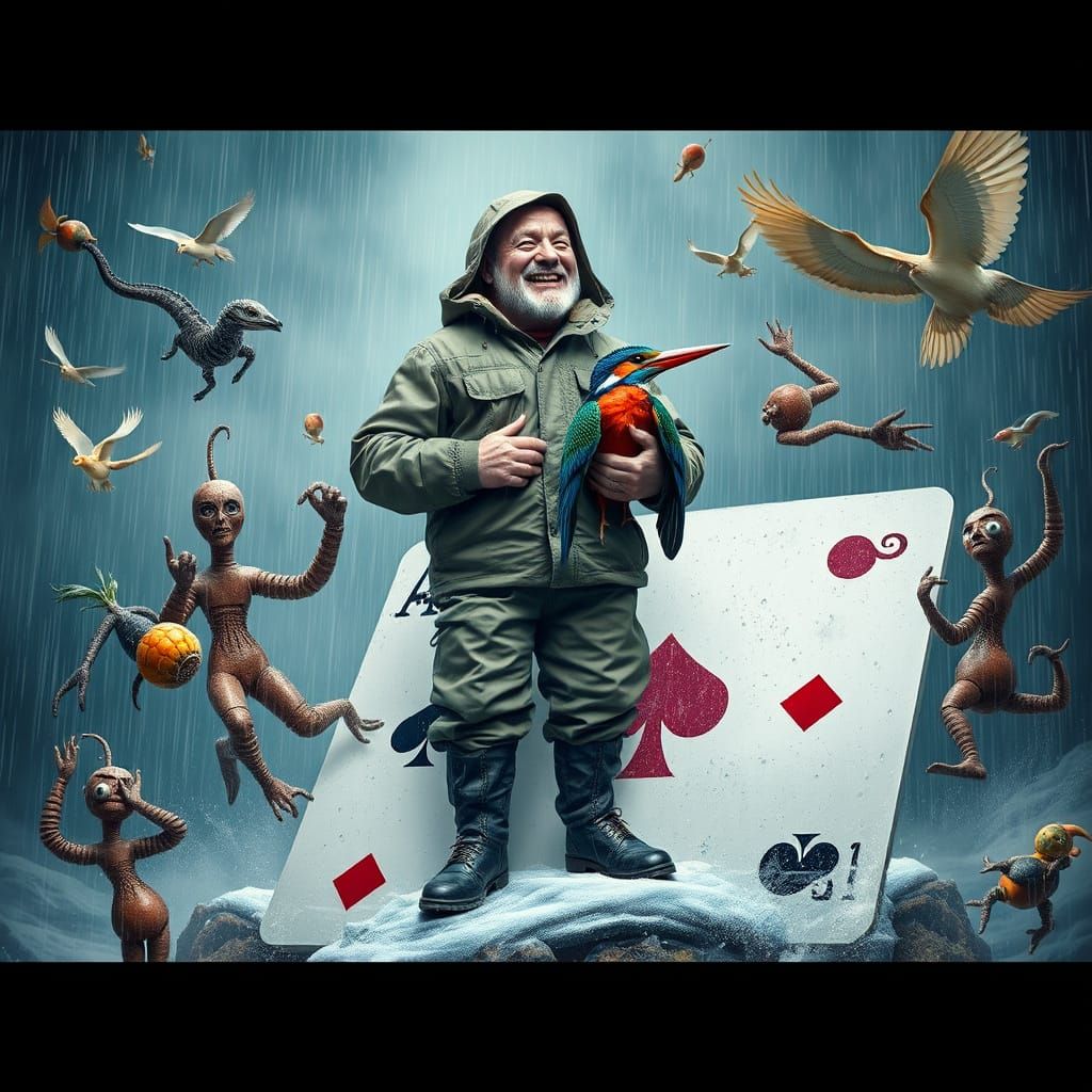 Surreal Fisherman with Kingfisher on Playing Card