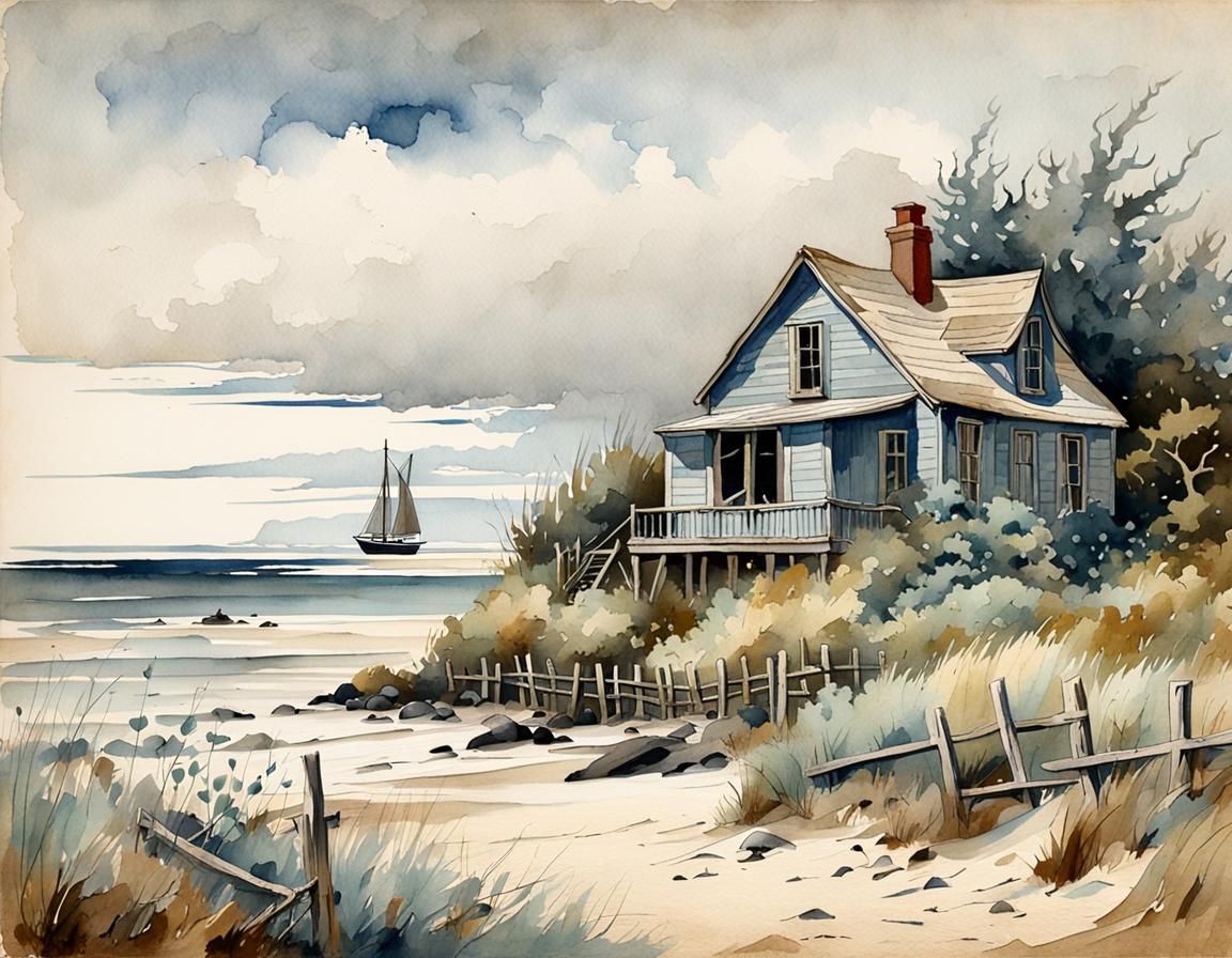 Coastal Cottage Watercolor Painting on Antique Paper