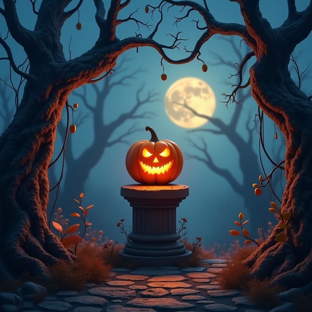 Eerie Halloween Jack-o'-Lantern in Mystical Autumn Scene