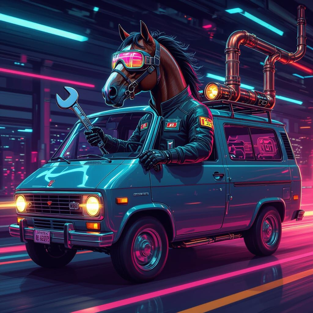 Retro-Futuristic Horse Mechanic in Neon Van