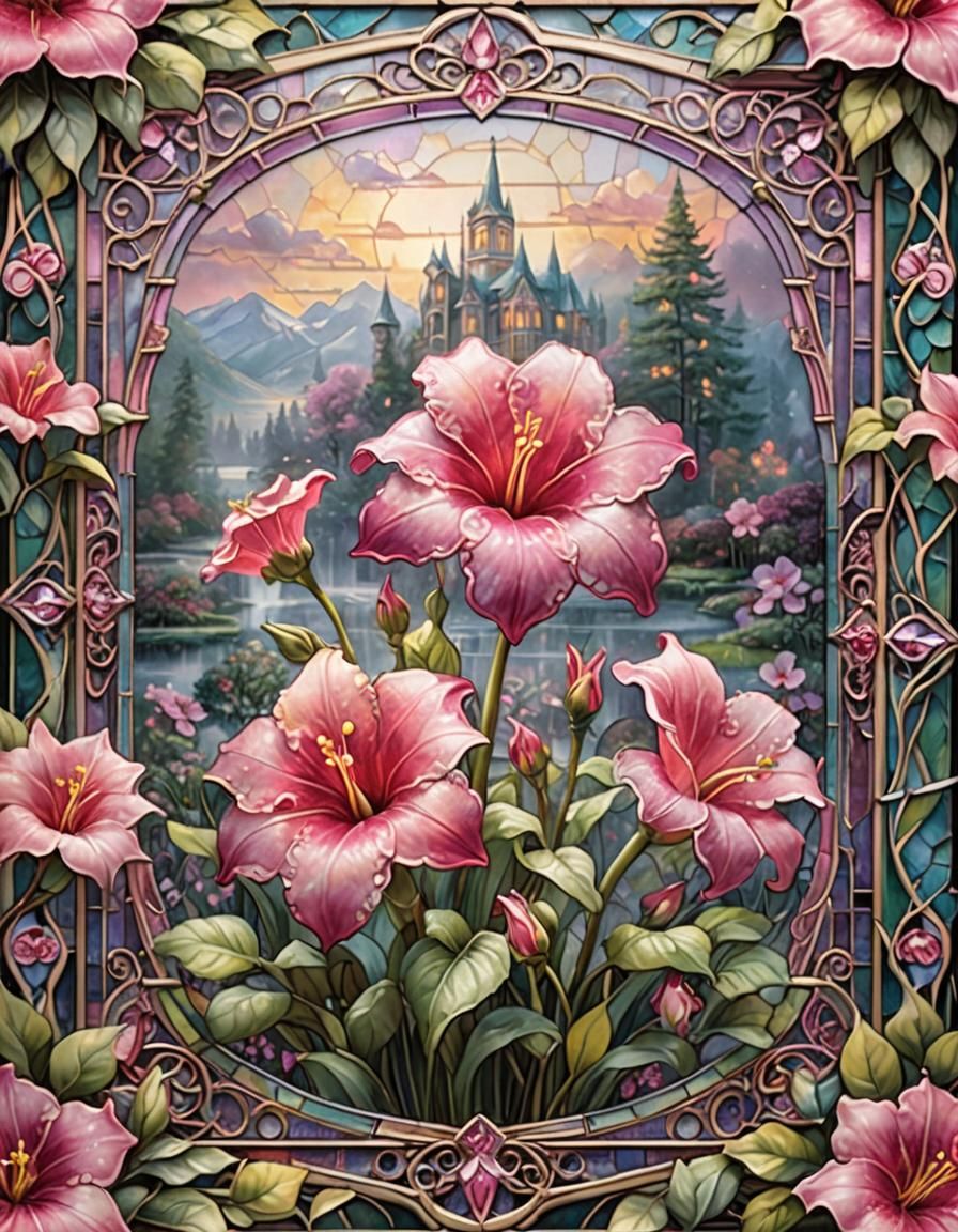 Pink Million Bells in Stained Glass Square