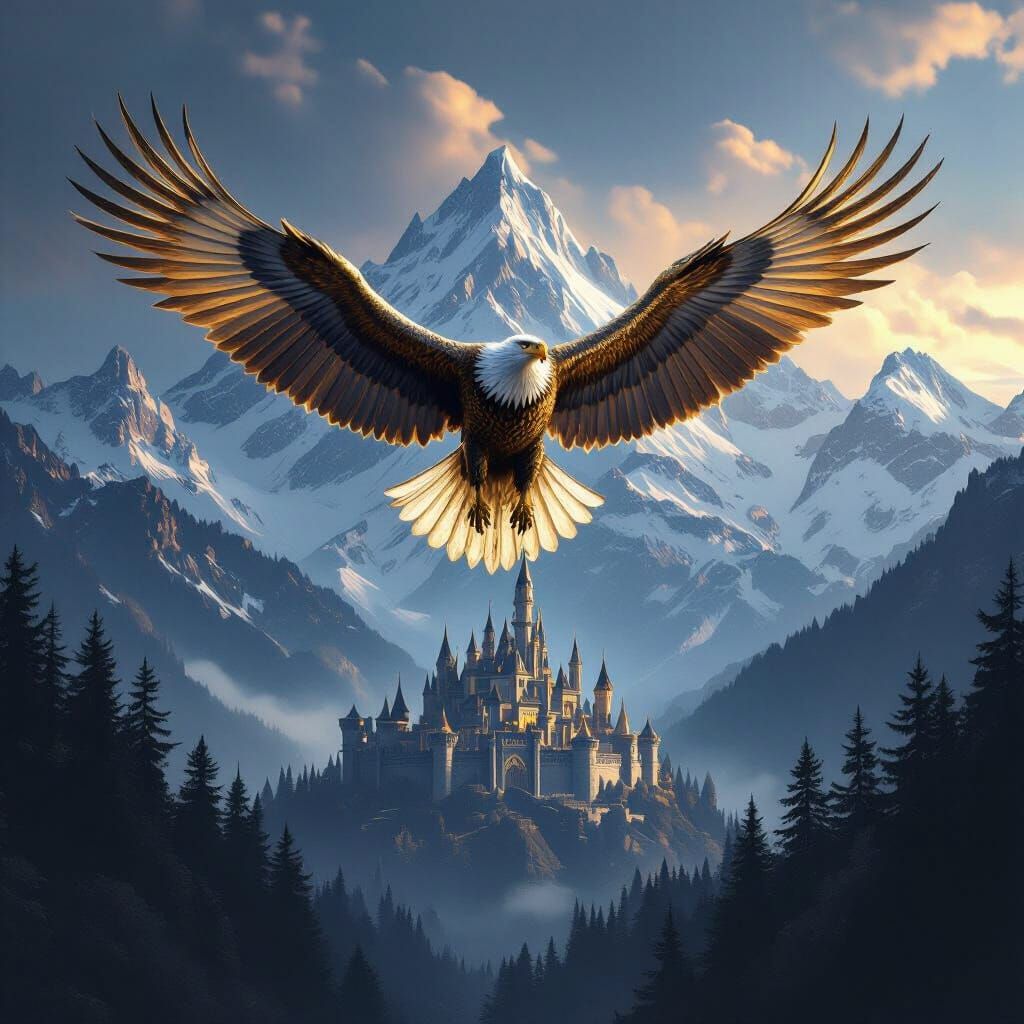 Giant Golden Eagle Over Dark Forest with Castle
