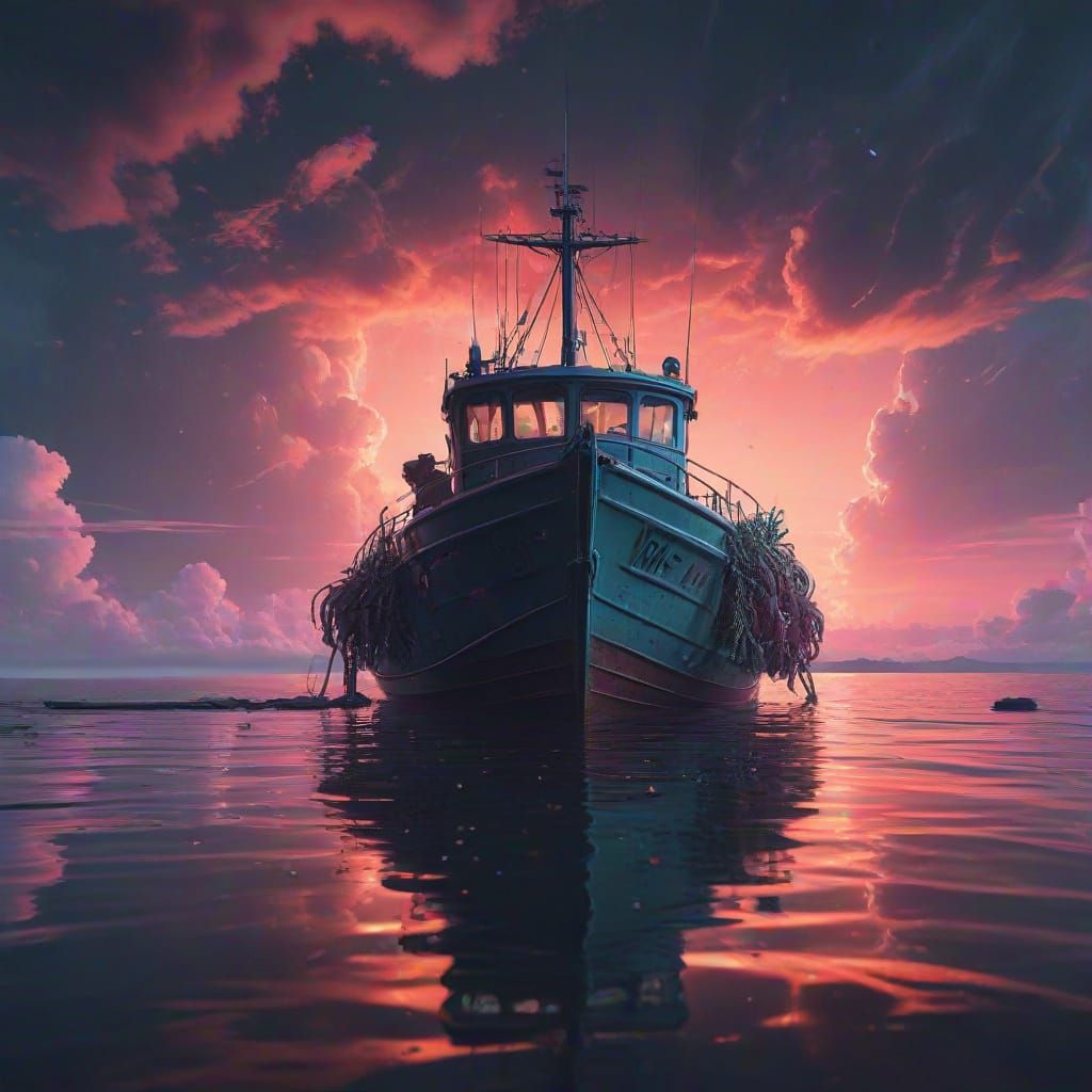 Synthwave Fishing Boat Under Bioluminescent Clouds