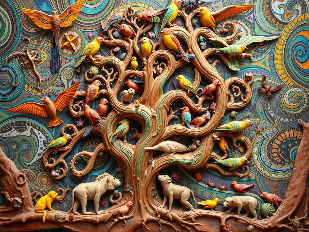 Encaustic Painting Relief Sculpture of Tree of Life in Organ...