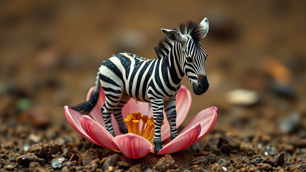 Miniature Zebra in Rain-Soaked Flower, Hyperrealistic