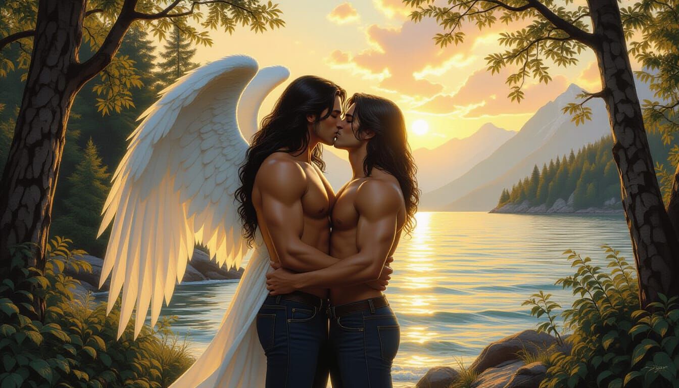 Guardian Angel Protects Two Men Kissing by the Sea