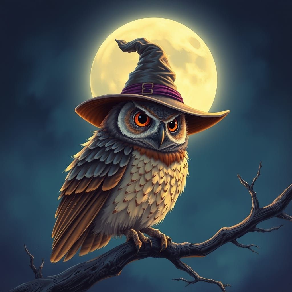 Whimsical Owl in Witch Hat Under Full Moon