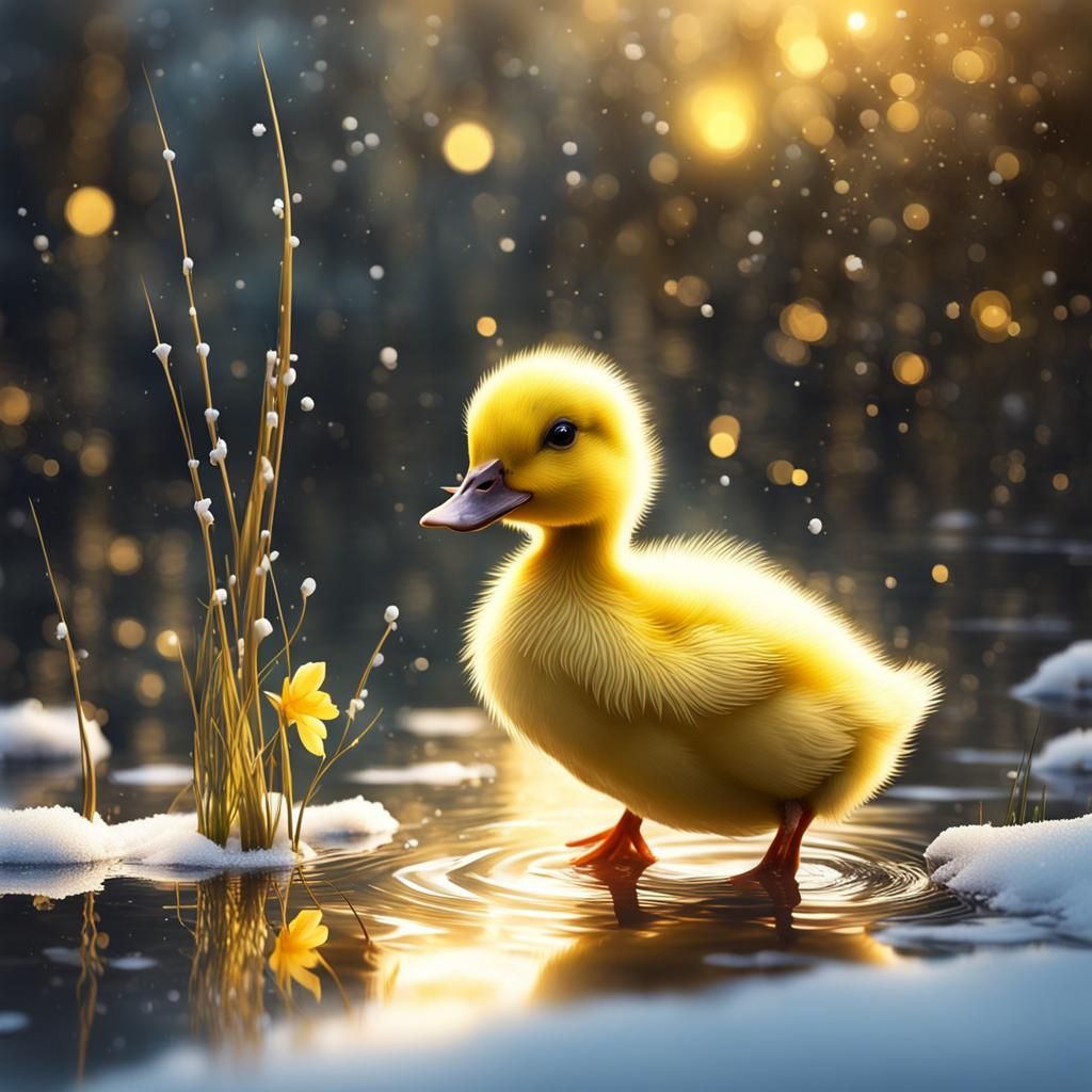 Duckling on a Glowing Lake, Digital Art
