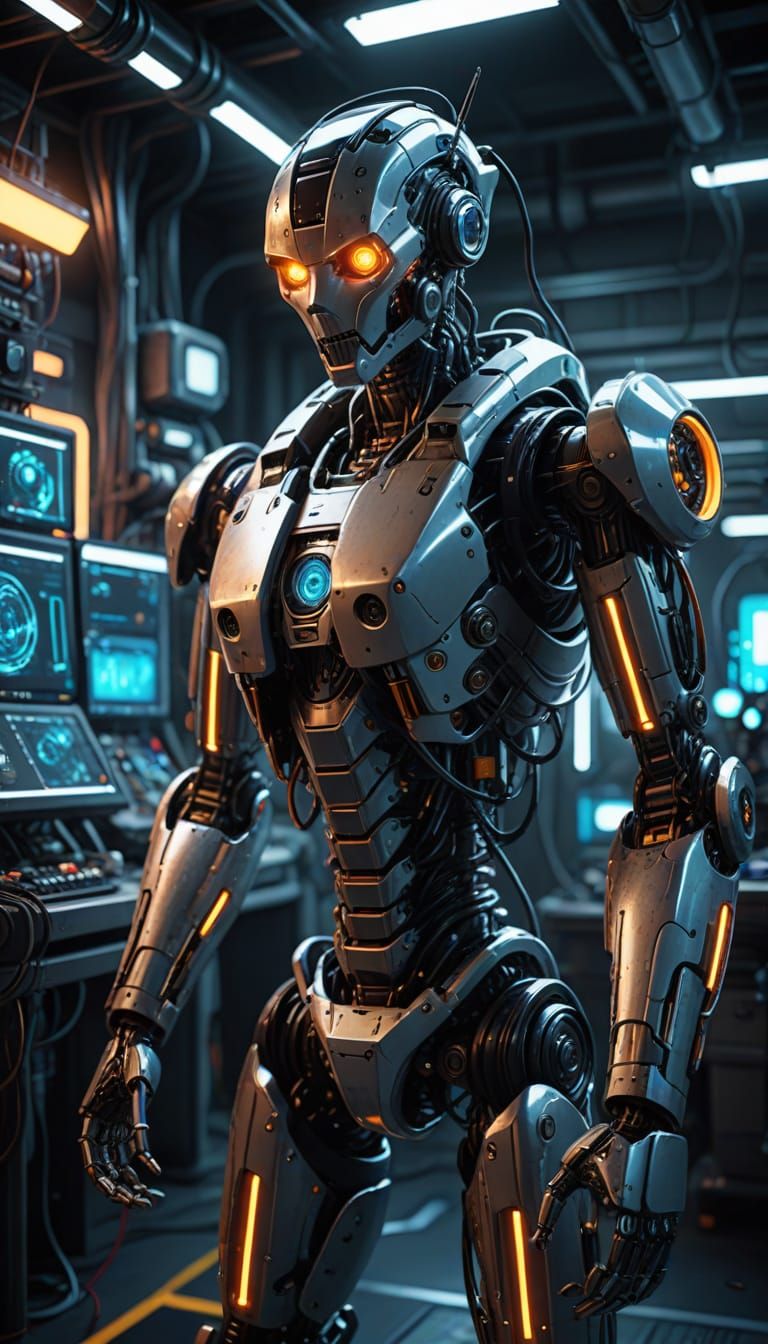 Futuristic Robot in a Neon-Drenched Laboratory
