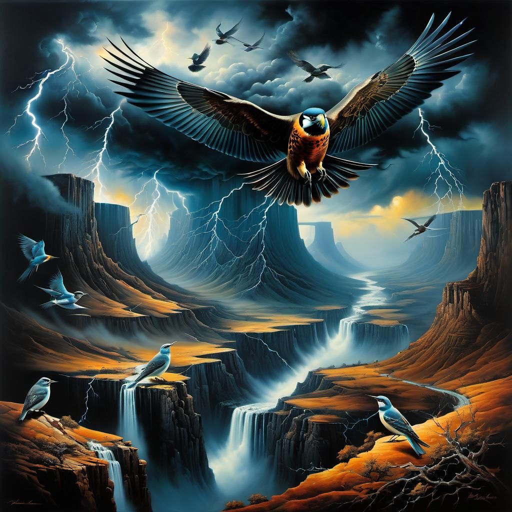 Surreal Birds Fly Over Wild Canyon Landscape