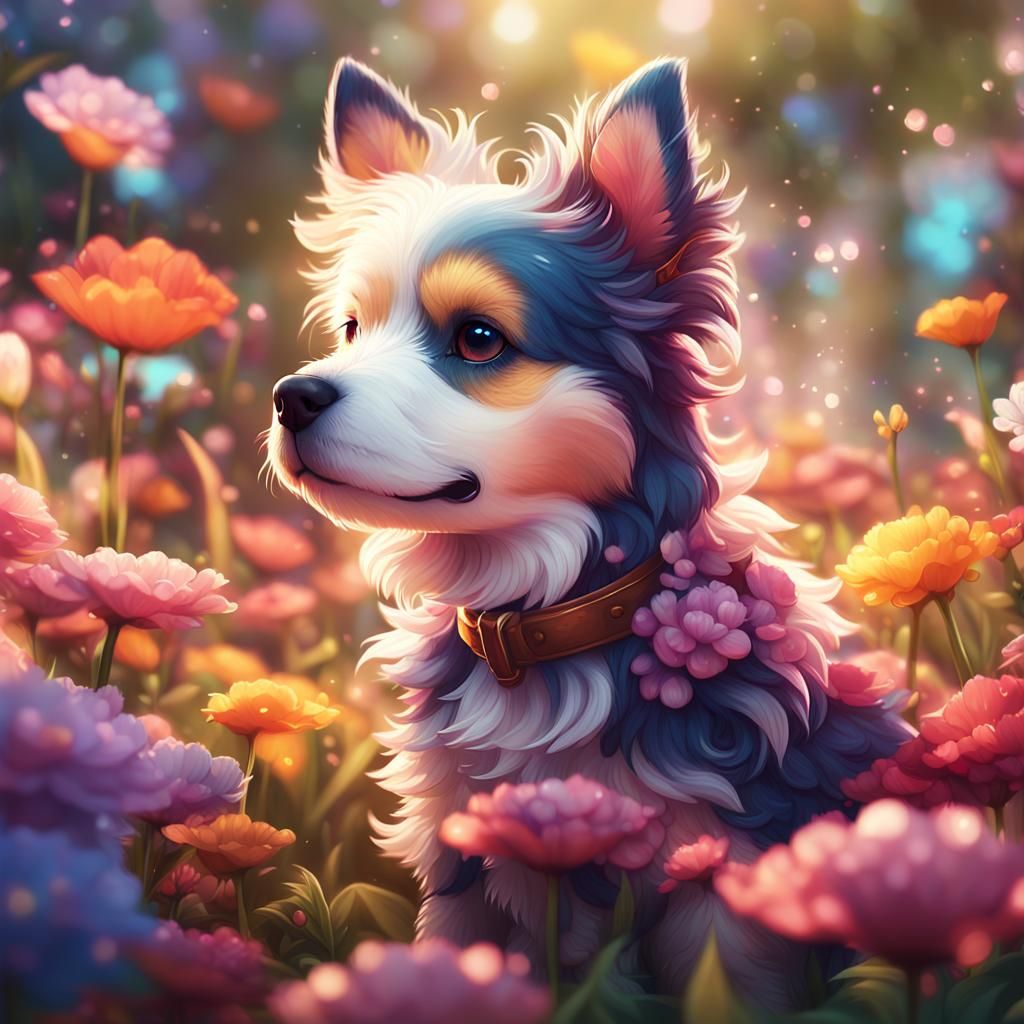 Adorable Pup in Vibrant Garden: Fantasy Concept Art
