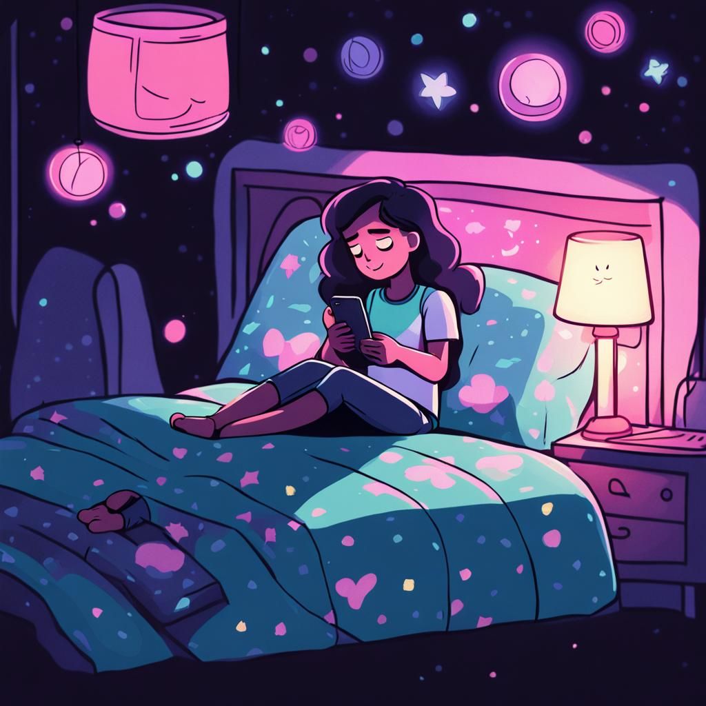 Girl on Bed Lit by Phone Screen, Cartoon Style